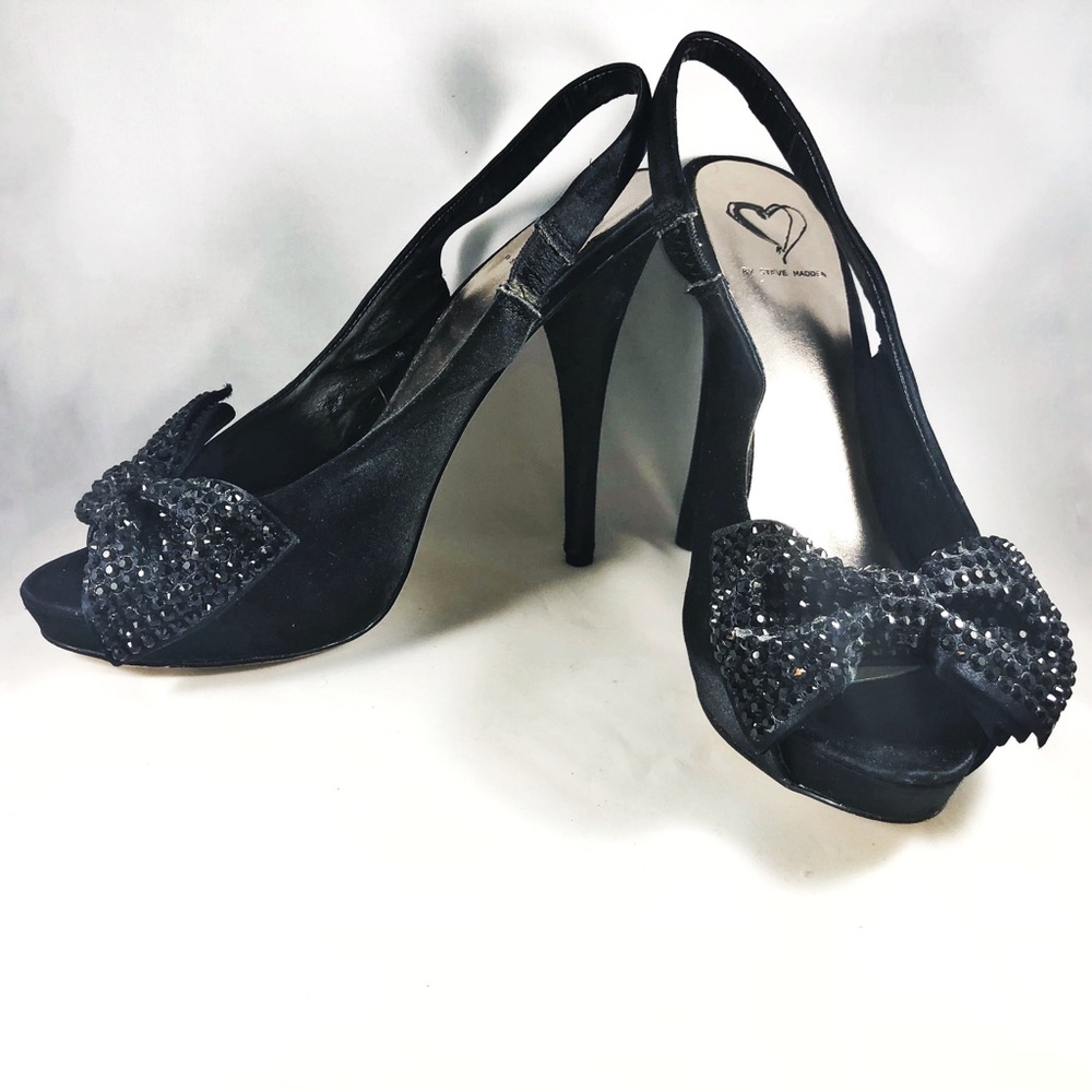 Steve Madden Black Satin Slingback Peep-toe Pumps - Picture 4 of 8